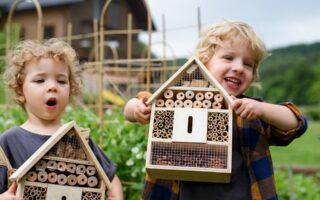 crianças segurando um hotel para insetos