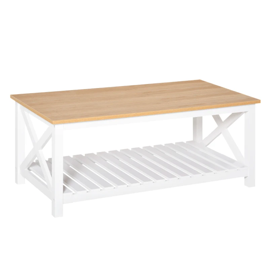 mesa de centro de estilo minimalista na cor branca e madeira