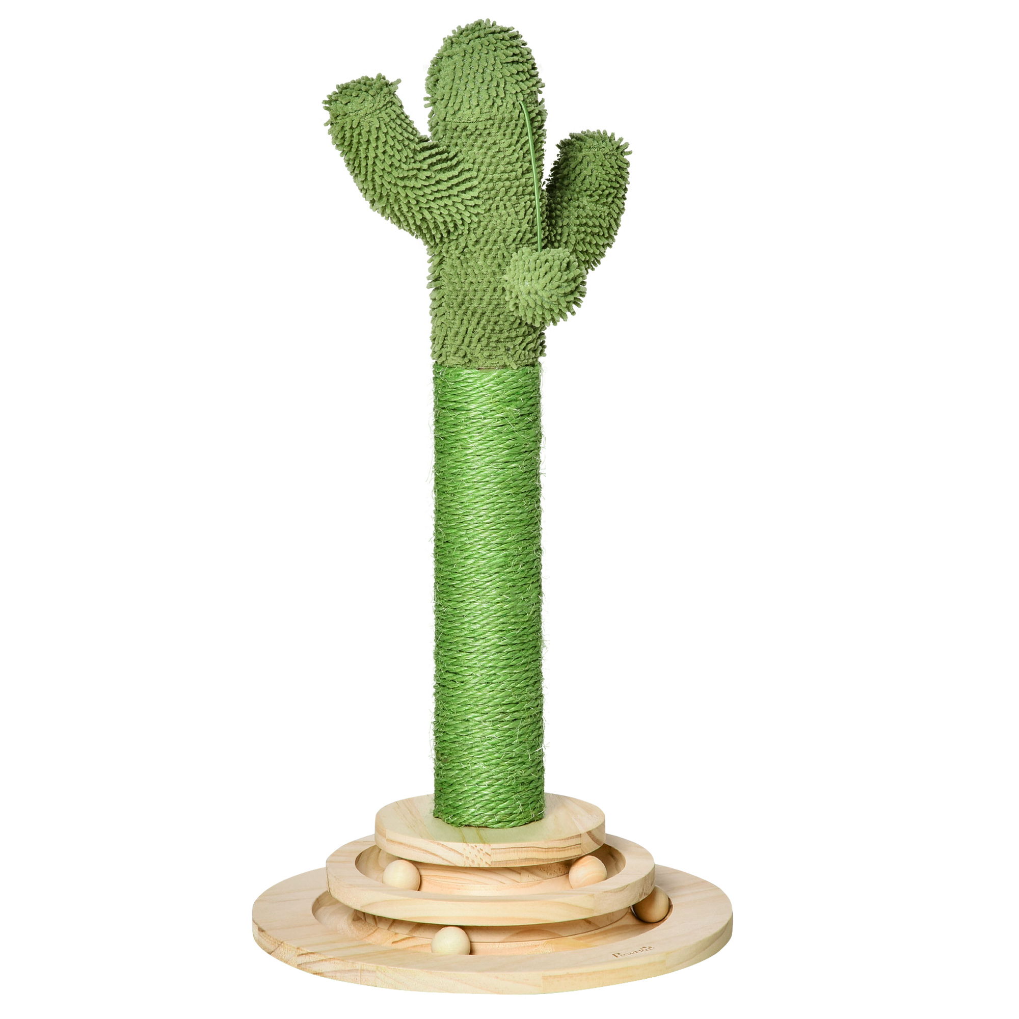 arranhador para gatos em forma de cactus na cor verde e madeira com bolas para brincar na parte superior