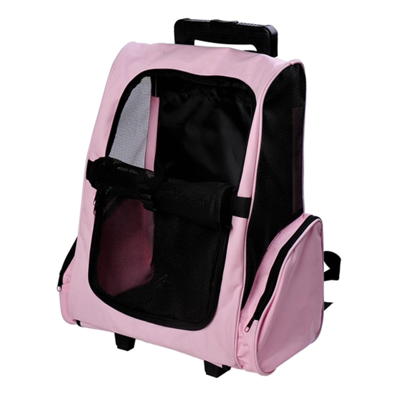 mochila de transporte para animais com rodas na cor rosa