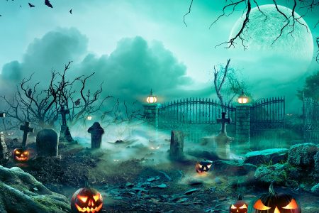 cena de um cementerio em uma noite de halloween