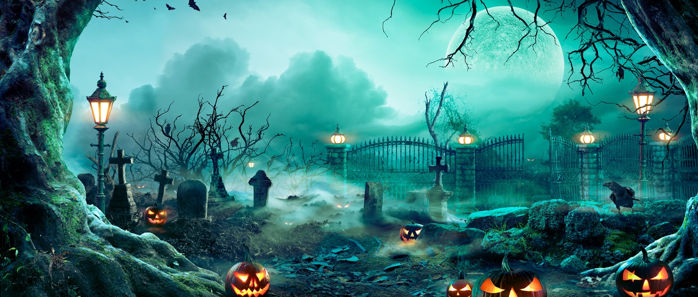 cena de um cementerio em uma noite de halloween