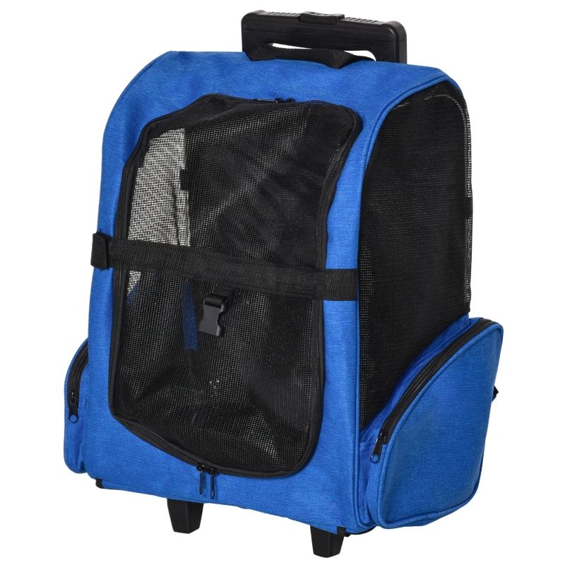 mochila transportadora para cães na cor azul com rodas