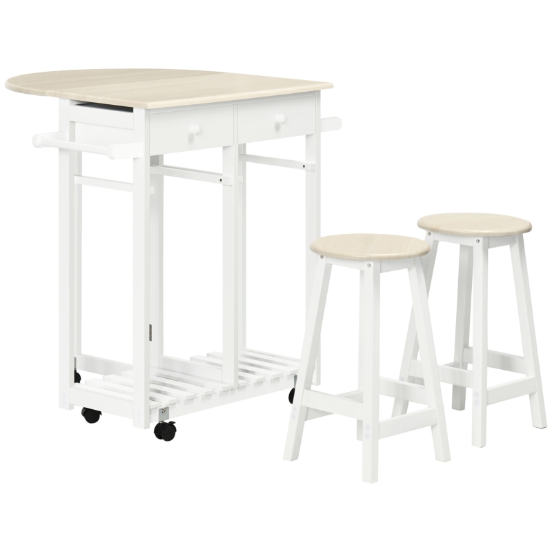 conjunto de mesa alta com 2 bancos na cor branco e madeira