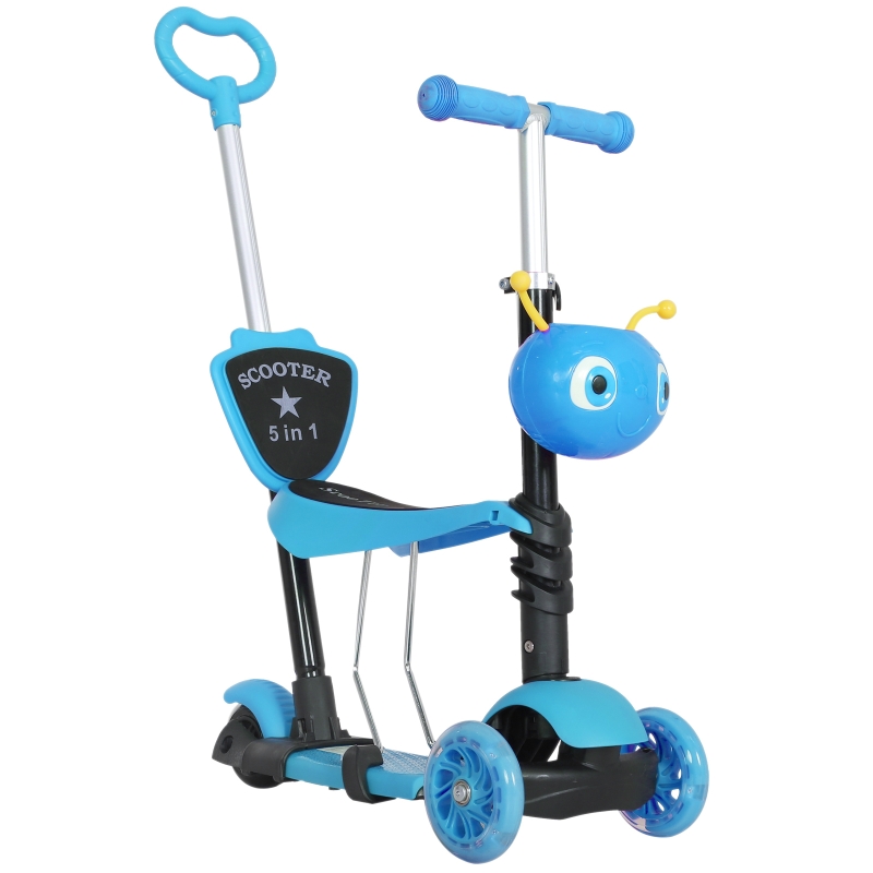 HOMCOM trotinete 5 em 1 para crianças de acima de1 ano trotinete de 3 rodas  com assento removível guiador ajustável 62x25x72,5 cm Azul