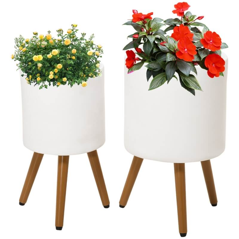 conjunto de 2 vasos de plantas na cor branco e madeira