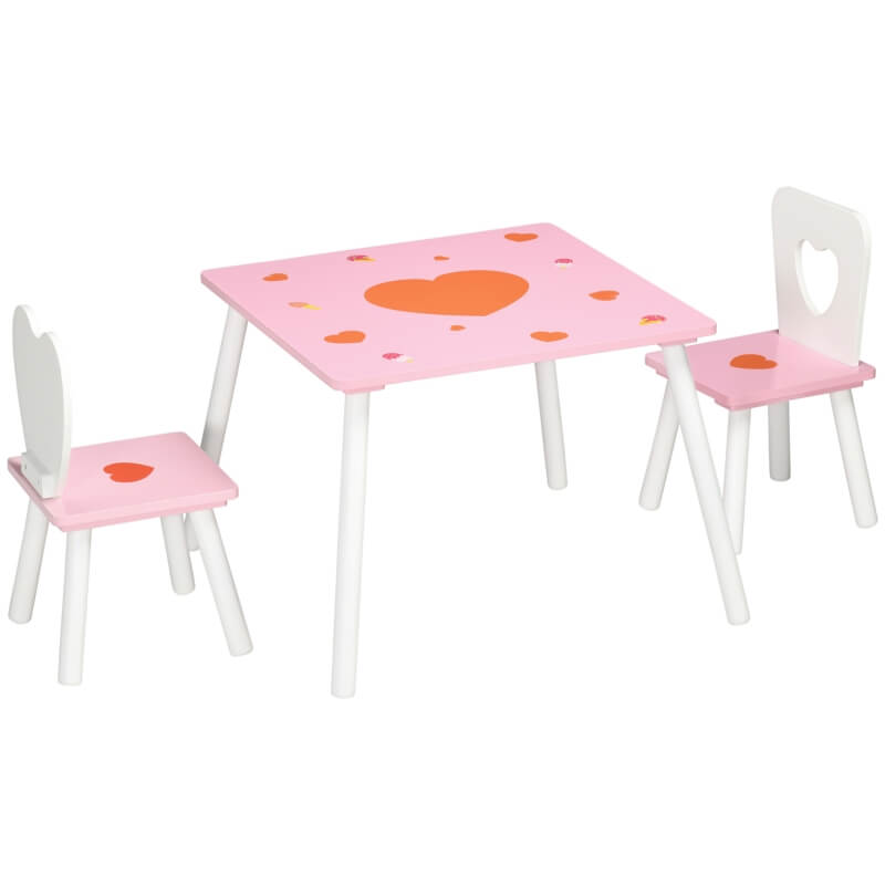 conjunto de cadeiras e mesa infantil com desenhos de coração