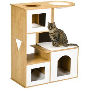 casa para gatos de madeira com diferentes andares