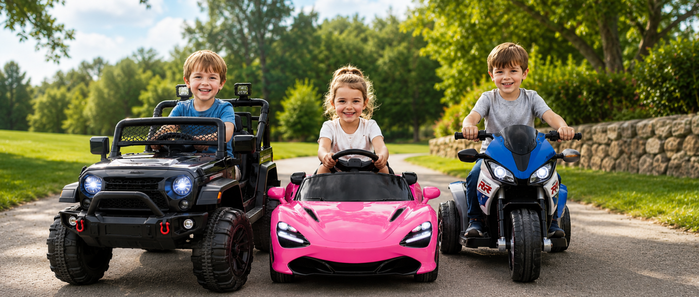 3 crianças cada uma montada no seu veículo elétrico infantil