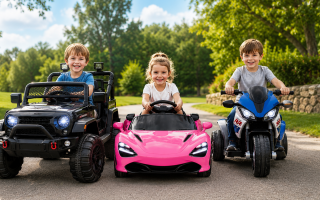 3 crianças cada uma montada no seu veículo elétrico infantil