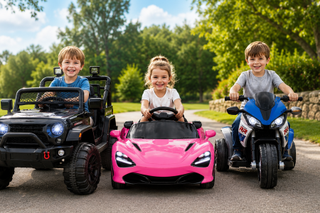 3 crianças cada uma montada no seu veículo elétrico infantil