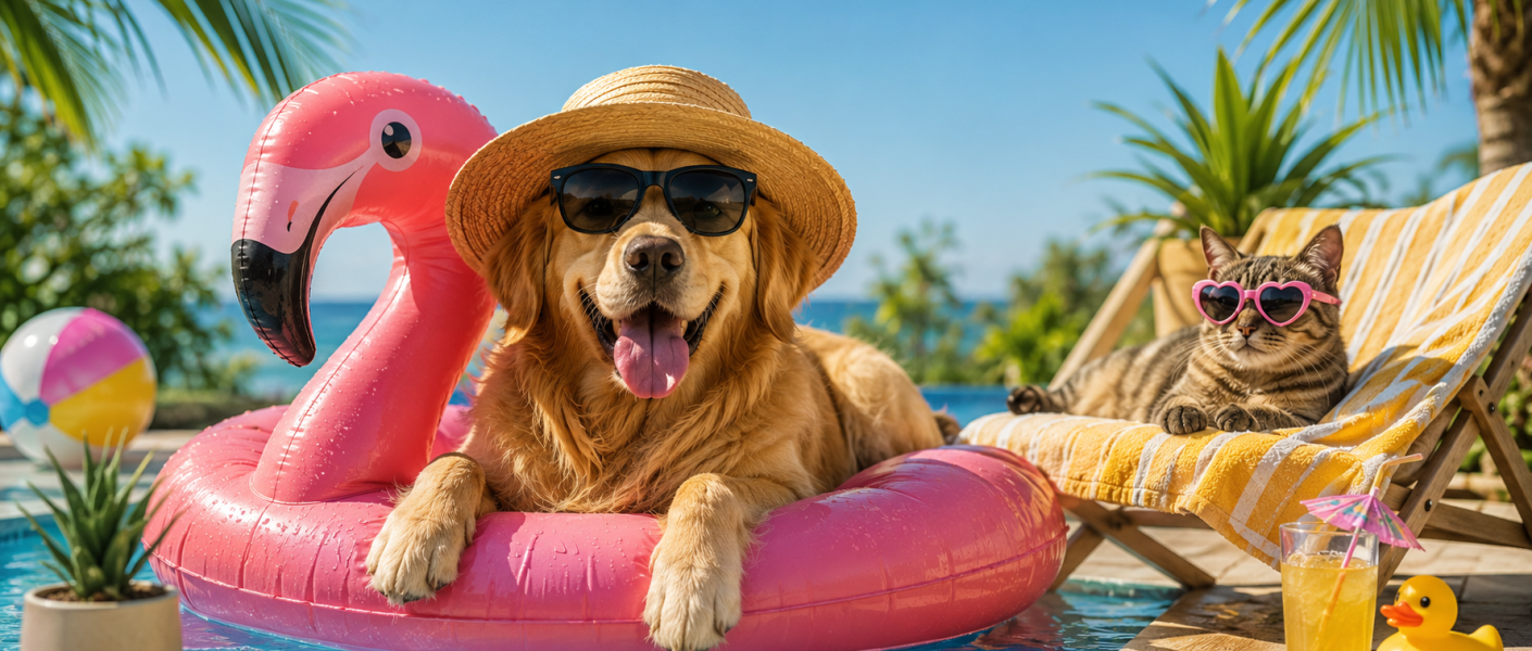 Gato e cachorro na piscina
