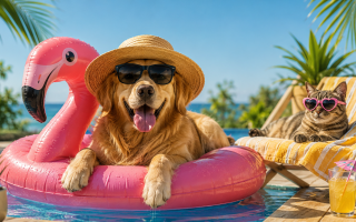 Gato e cachorro na piscina