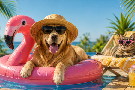 Gato e cachorro na piscina