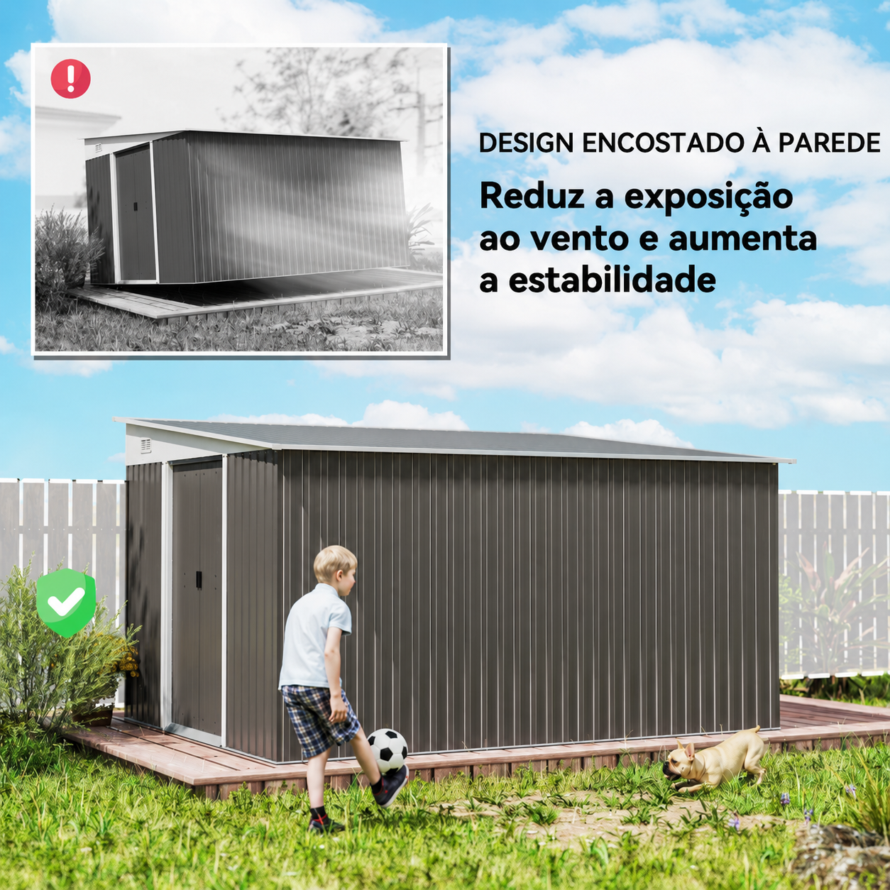 Abrigo de jardim 8,9 m² cinzento com design encostado à parede em jardim exterior