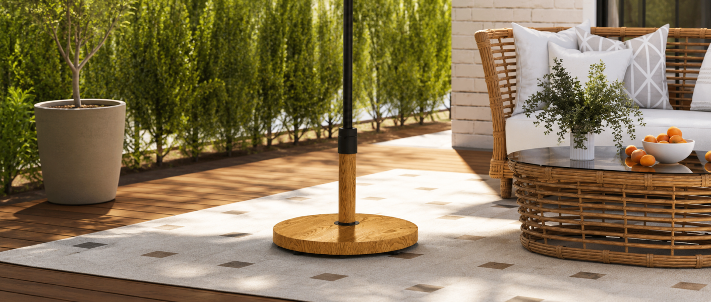 Base redonda estilo madeira natural sobre terraço com sofá e mesa de ratã