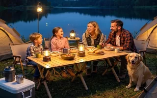 Família reunida à volta de uma mesa de campismo junto a um lago, com tendas, lanternas e um cão ao anoitecer.