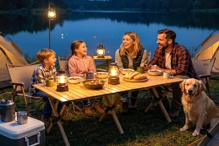 Família reunida à volta de uma mesa de campismo junto a um lago, com tendas, lanternas e um cão ao anoitecer.