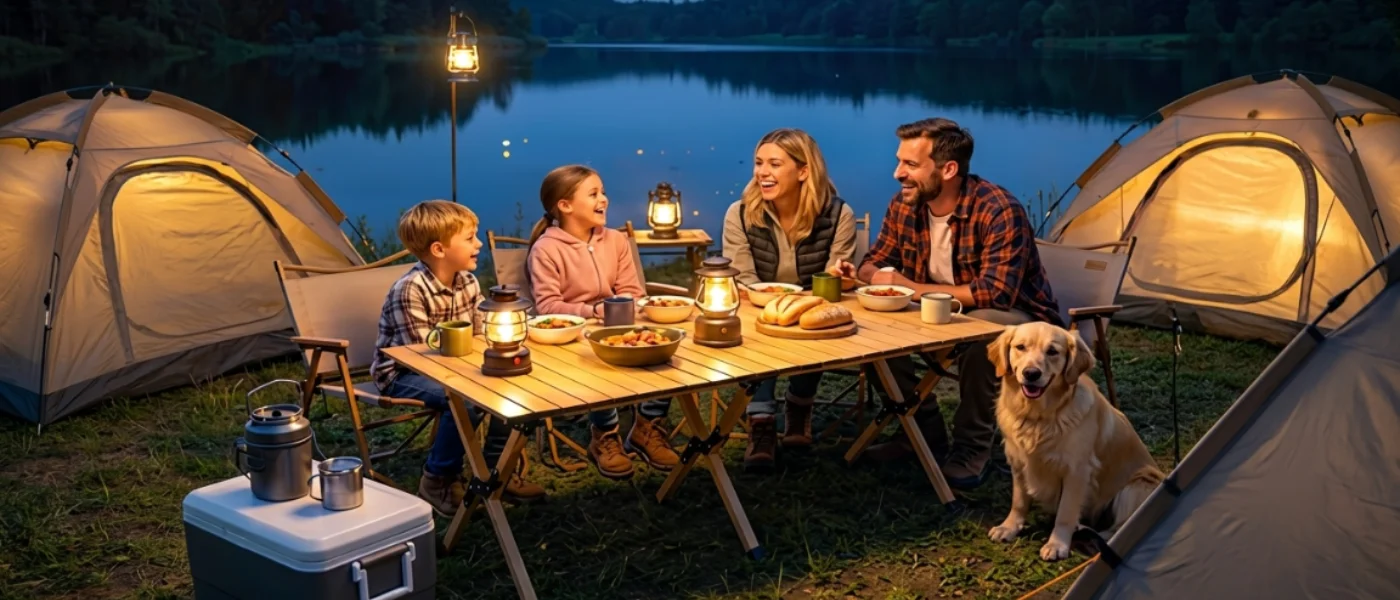 Família reunida à volta de uma mesa de campismo junto a um lago, com tendas, lanternas e um cão ao anoitecer.
