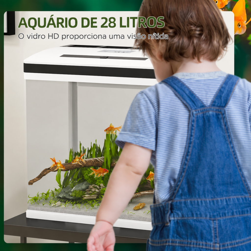 Aquário de 28 litros com peixes-dourados e menina a observar