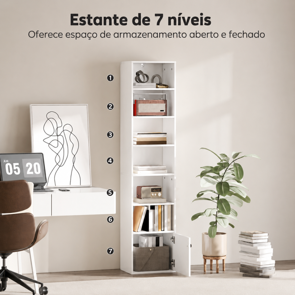 Estante geométrica de metal preto num corredor com secretária