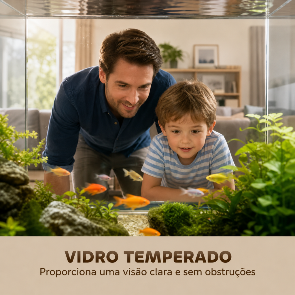 Pai e filho a observar um aquário de vidro temperado com peixes