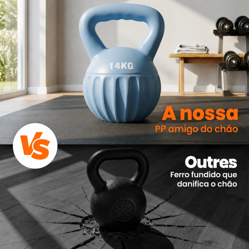 Comparação entre um peso russo azul de PP que protege o chão e um de ferro fundido que o pode danificar.