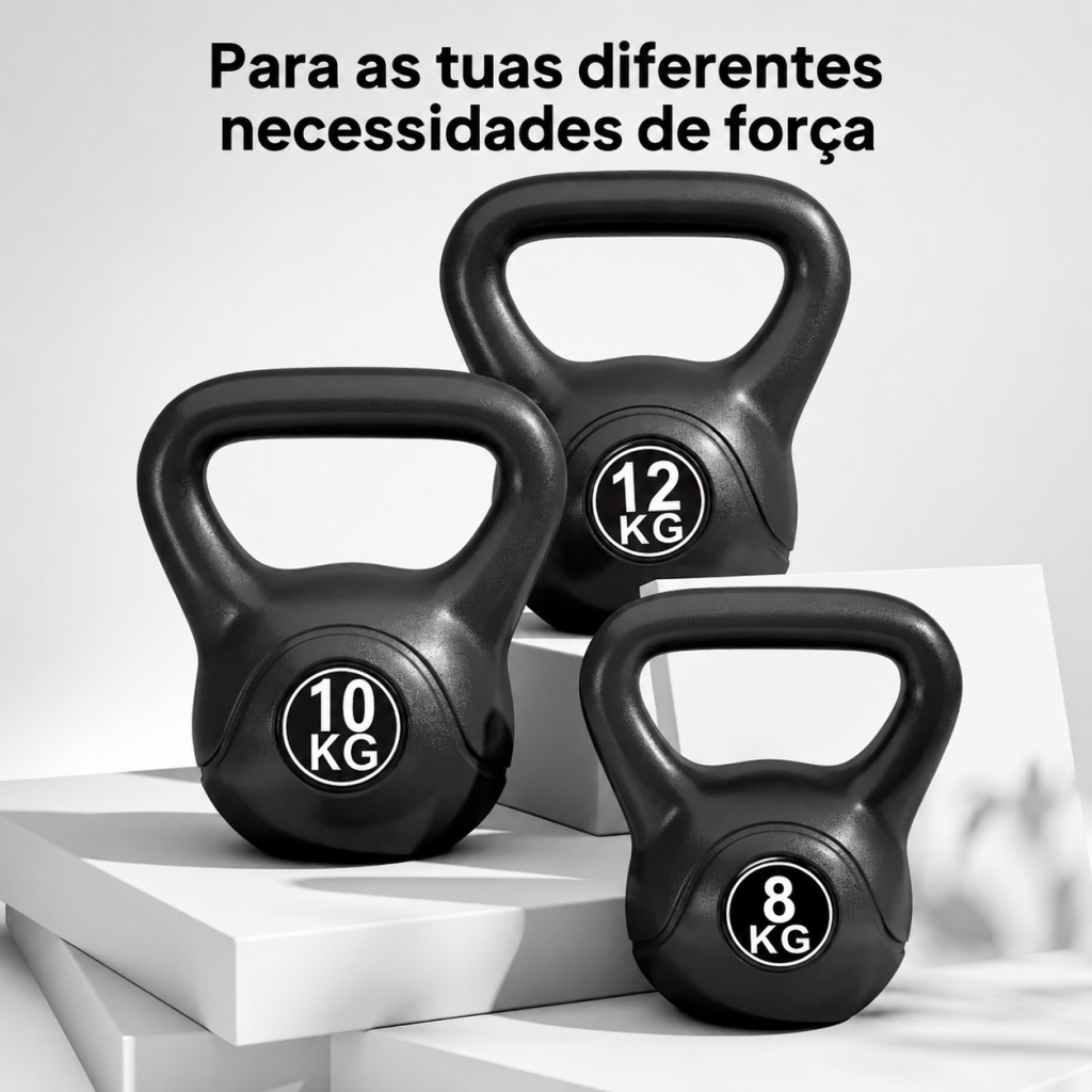 Três kettlebells pretas de 8, 10 e 12 kg empilhadas sobre blocos brancos.