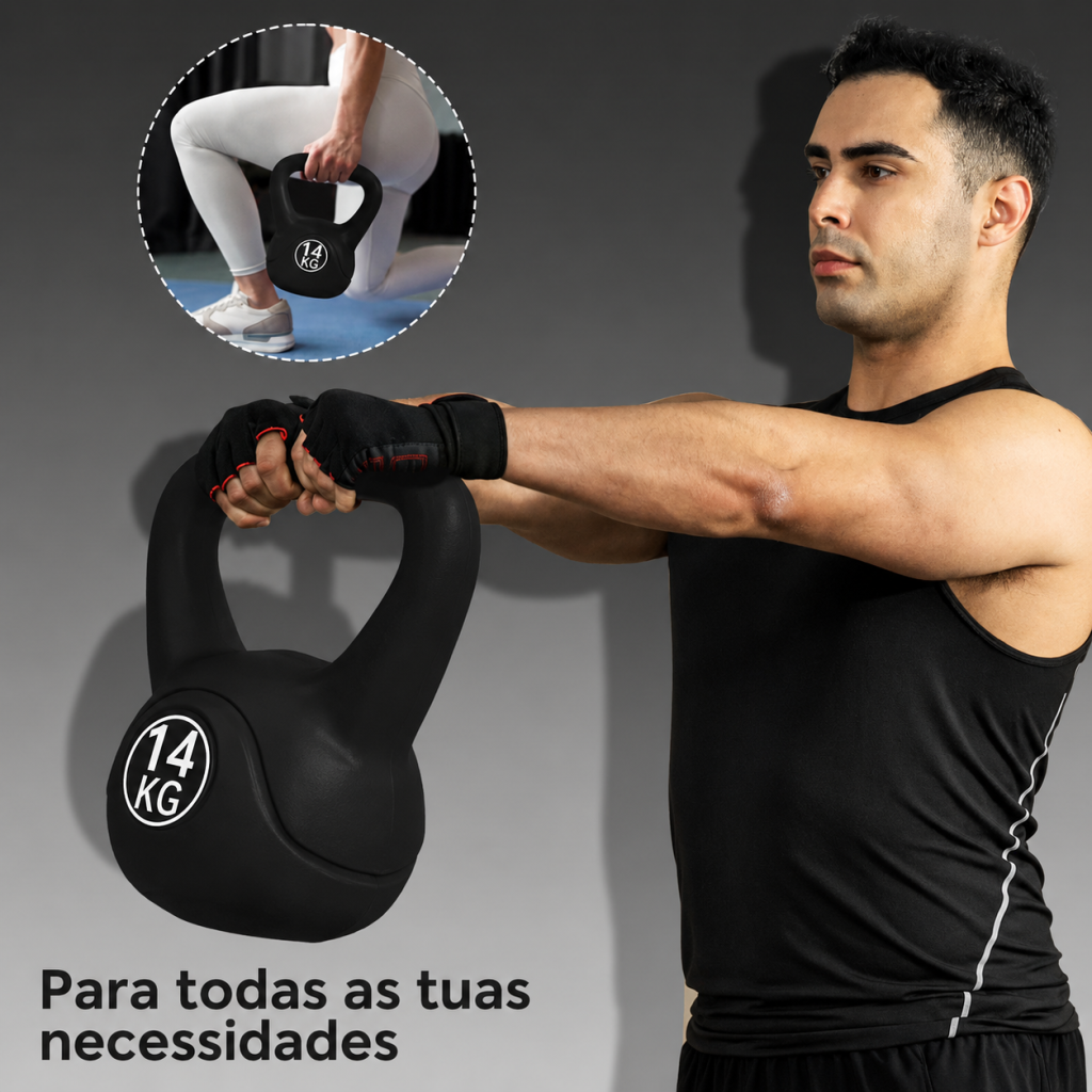 Homem a levantar um peso russo preto de 14 kg com luvas de treino, adequado para diferentes tipos de exercício.