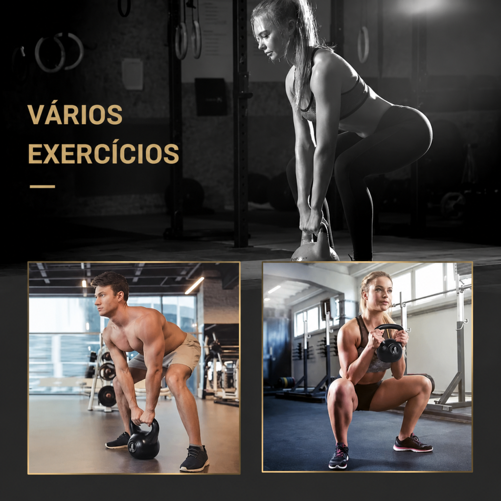 Montagem de pessoas a realizar diferentes exercícios com peso russo, incluindo peso morto, agachamentos e balanços.