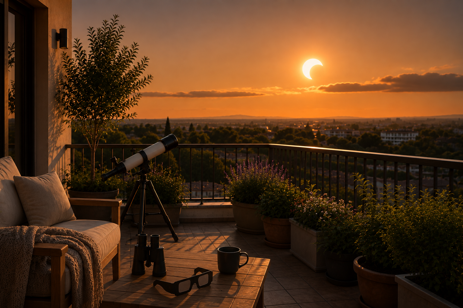 Observação do eclipse solar a partir de um jardim ou terraço em Portugal