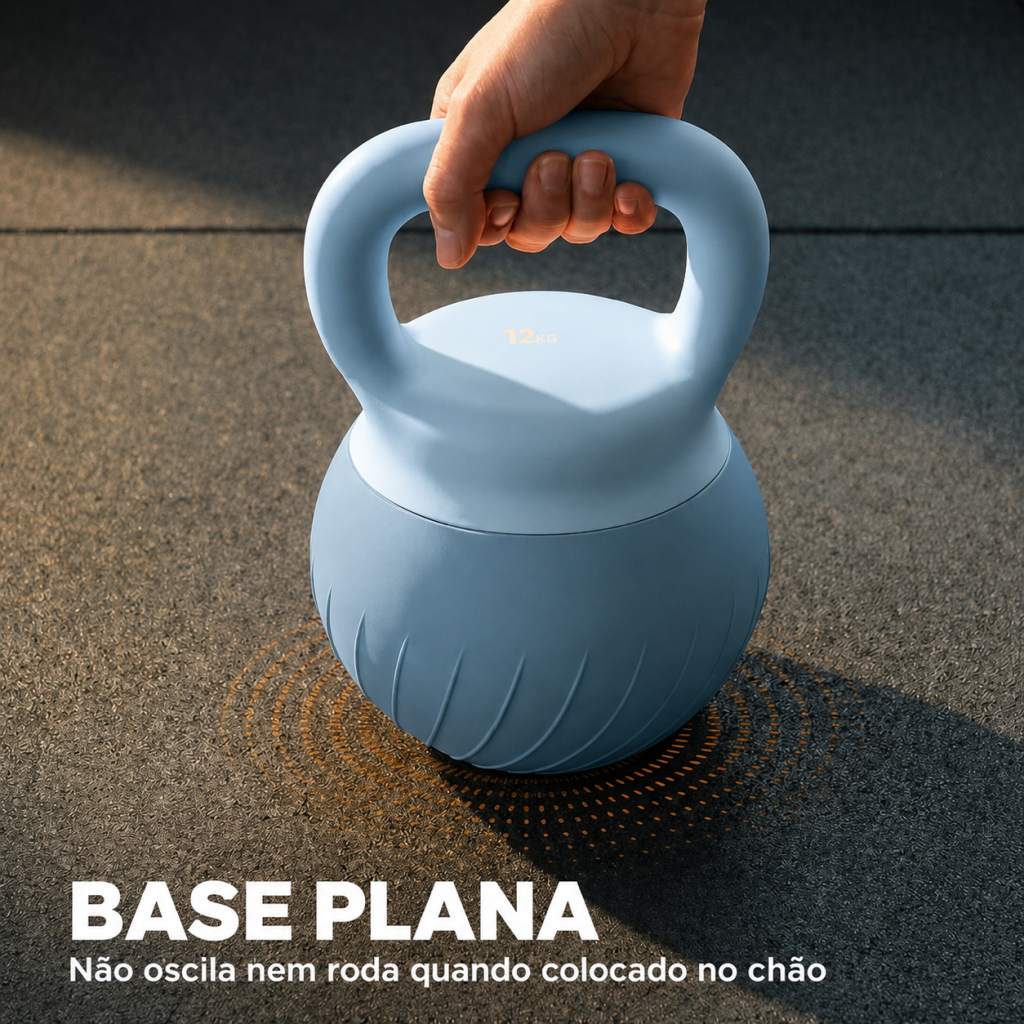Peso russo azul com base plana apoiado de forma estável sobre um chão de borracha, sem oscilar.