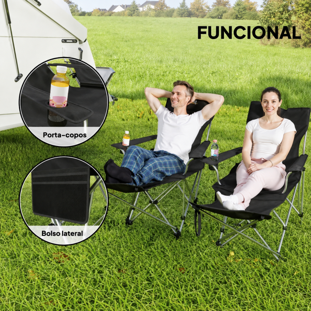 Detalhe do porta-copos e do bolso lateral de uma cadeira de campismo dobrável, prática para autocaravanas