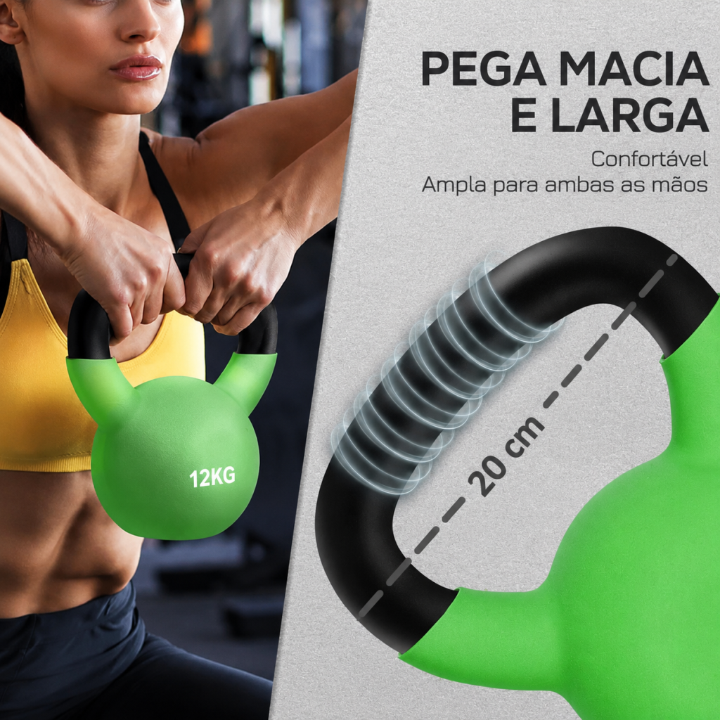 Mulher a segurar um peso russo verde de 12 kg com pega larga e acolchoada, mostrando a medida de 20 cm.