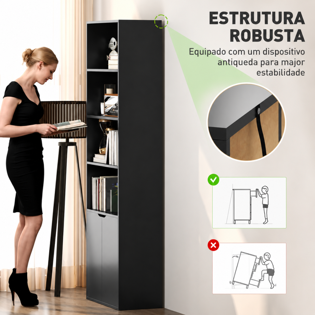 Estante preta com estrutura robusta e sistema antiqueda