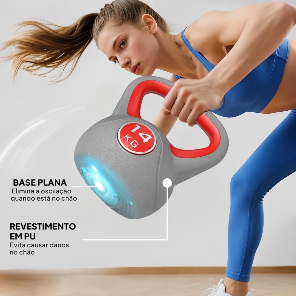 Mulher a utilizar um peso russo cinzento e vermelho de 14 kg, destacando a base plana e o revestimento de PU antiderrapante.