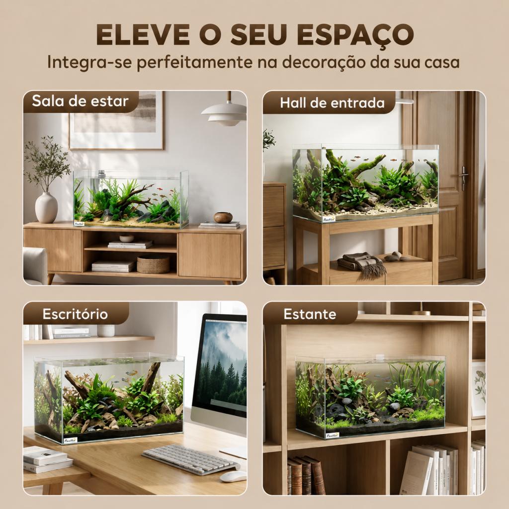 Aquário decorativo na sala de estar, hall de entrada, escritório e estante