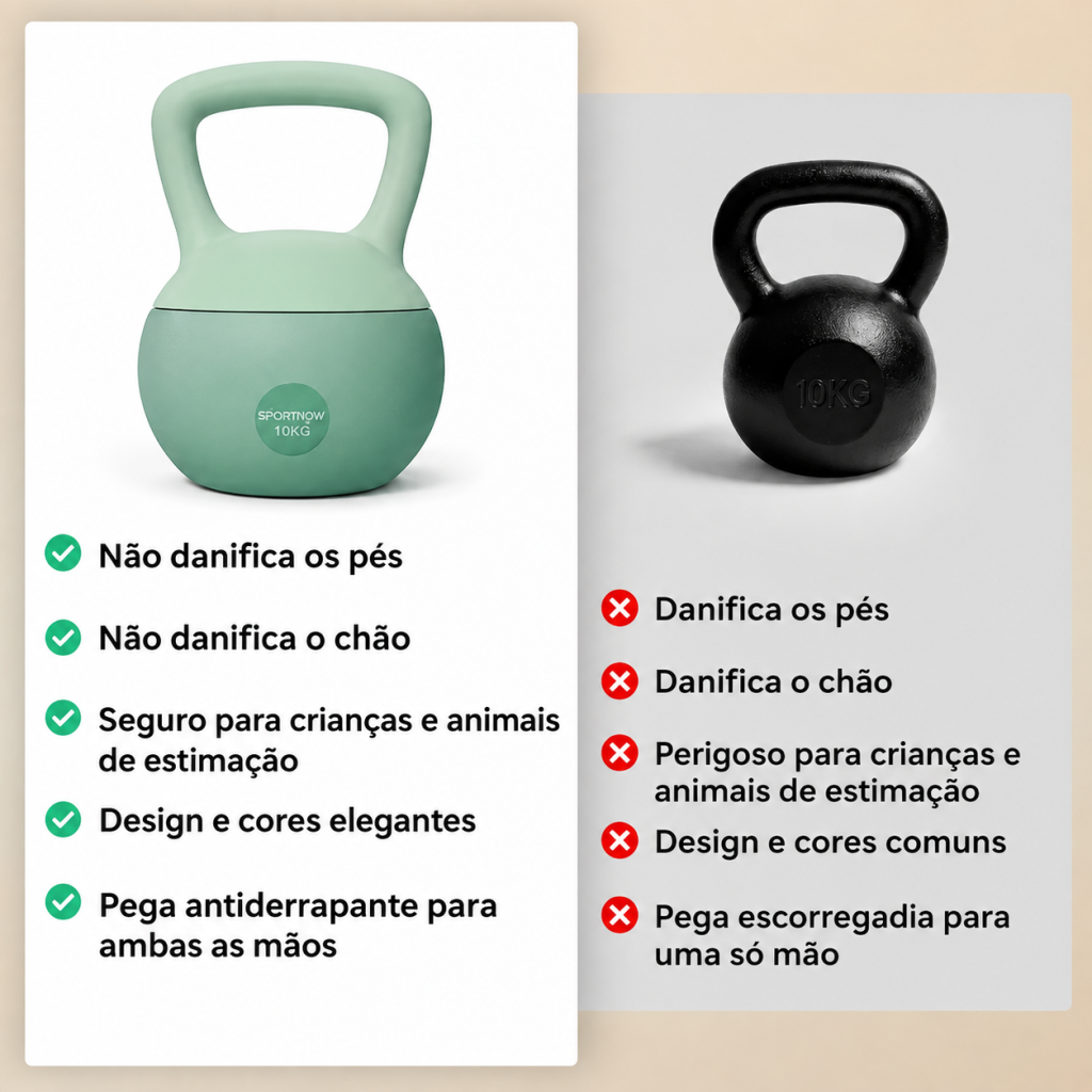 Comparação entre um peso russo verde menta adequado para utilização em casa e um peso russo preto tradicional de ferro.