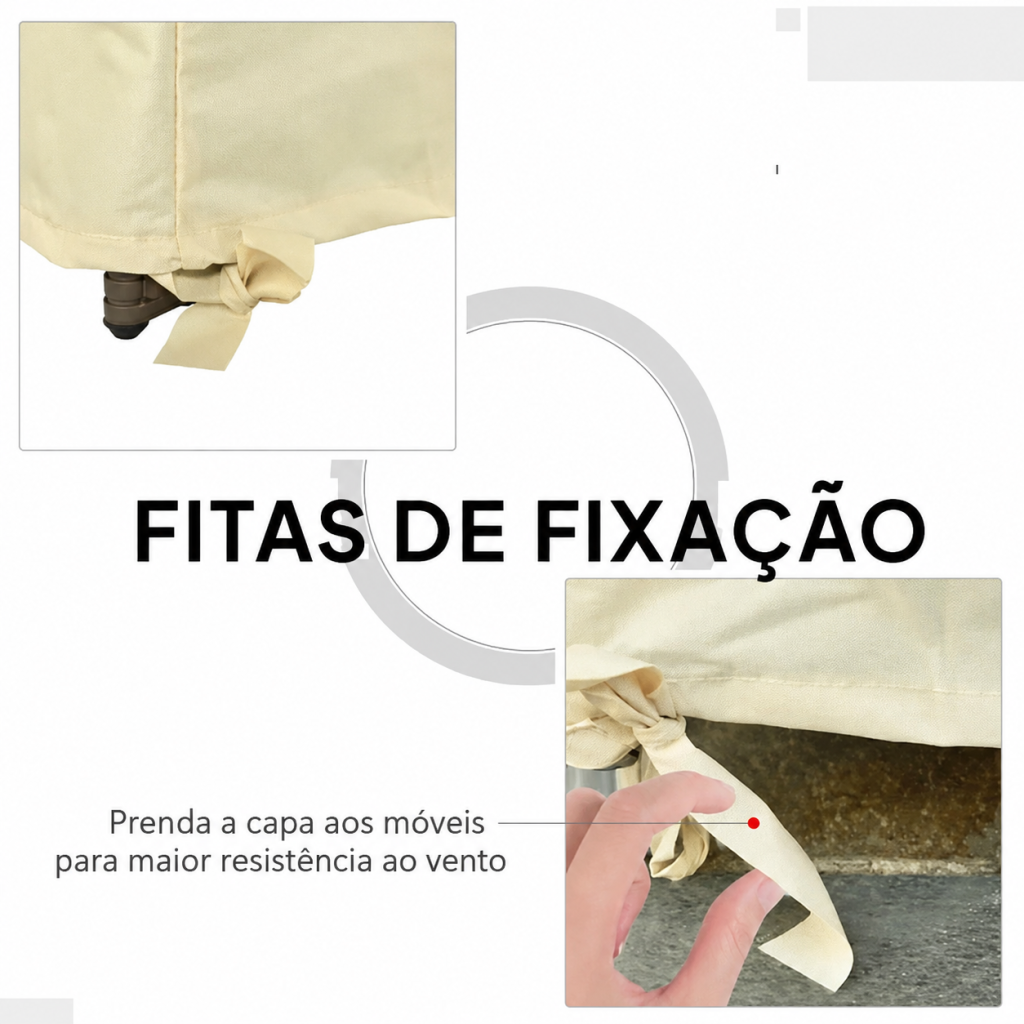 Fitas de fixação da capa atadas à perna do móvel