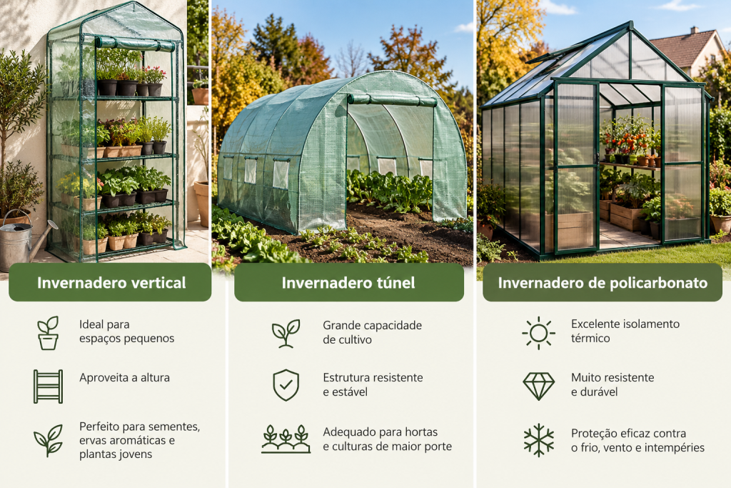 Diferentes tipos de estufa para varanda, jardim e horta.
